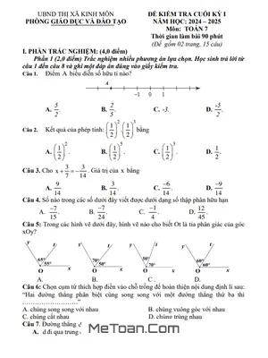 Đề Thi Cuối Học Kỳ 1 Toán 7 Năm Học 2024-2025 Phòng GD&ĐT Kinh Môn (Có Đáp Án)