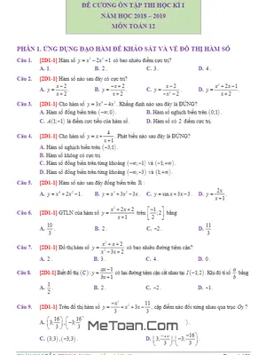 340++ Câu Hỏi Trắc Nghiệm Ôn Tập Thi Học Kỳ 1 Toán 12 Có Đáp Án và Lời Giải