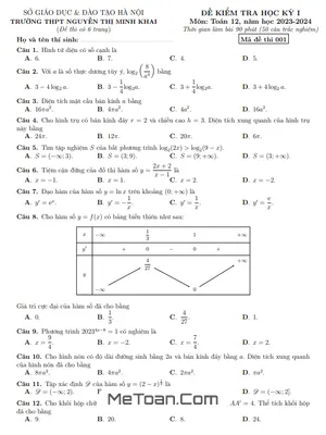 Đề thi học kỳ 1 Toán 12 năm 2023 - 2024 trường Nguyễn Thị Minh Khai - Hà Nội