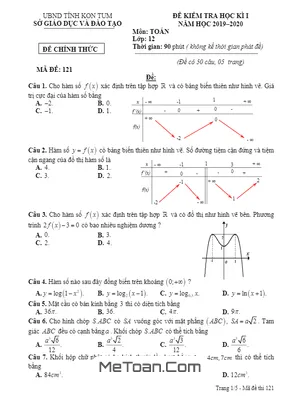 Đề thi HK1 Toán 12 năm học 2019 - 2020 sở GD&ĐT Kon Tum