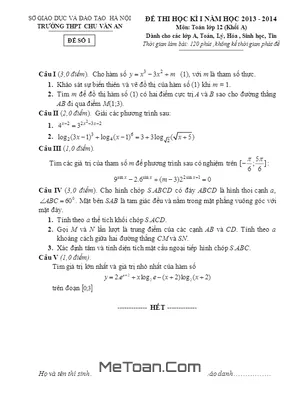 Đề thi học kỳ 1 lớp 12 môn Toán nâng cao trường THPT Chu Văn An – Hà Nội năm 2013 - 2014