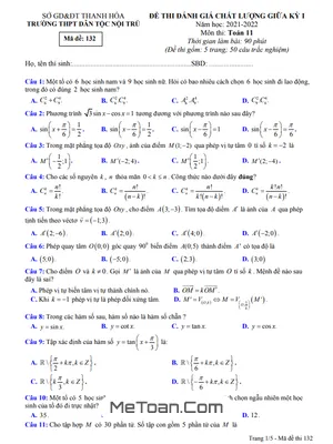 Đề thi giữa kỳ 1 Toán 11 năm 2021 - 2022 trường THPT DTNT tỉnh Thanh Hóa