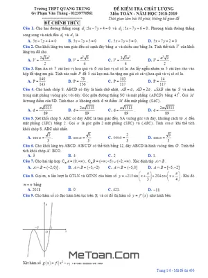 Đề kiểm tra chất lượng Toán 12 năm học 2018 – 2019 trường THPT Quang Trung – Hải Phòng