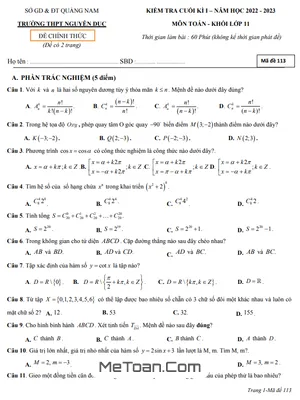 Đề Thi Cuối Kì 1 Toán 11 Năm 2022 - 2023 Trường THPT Nguyễn Dục - Quảng Nam