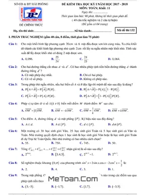 Đề thi HK1 Toán 11 năm học 2017 - 2018 trường THPT chuyên Trần Phú - Hải Phòng (Có đáp án)