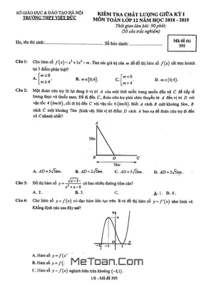 Đề thi giữa kỳ 1 Toán 12 năm 2018 – 2019 trường Việt Đức – Hà Nội (có đáp án)