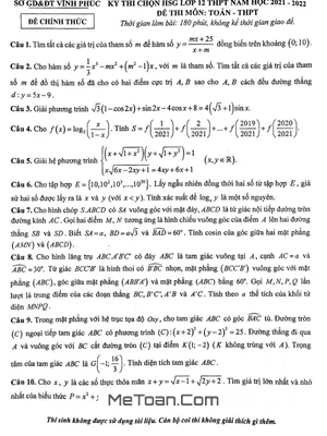 Đề thi chọn HSG Toán 12 THPT năm 2021 - 2022 sở GD&ĐT Vĩnh Phúc