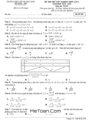 Đề thi thử tốt nghiệp THPT 2020 lần 2 môn Toán trường THPT chuyên Bắc Ninh