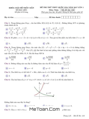 Đề thi thử THPT Quốc gia 2017 môn Toán - Sở GD&ĐT Bạc Liêu - Lần 1