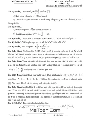 Đề thi thử THPT Quốc gia 2015 môn Toán trường Hàn Thuyên – Bắc Ninh lần 3