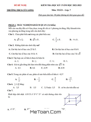 Đề Nghị Kiểm Tra Cuối Kỳ 1 Toán 7 Năm 2022-2023 Trường THCS Cửu Long - TP HCM