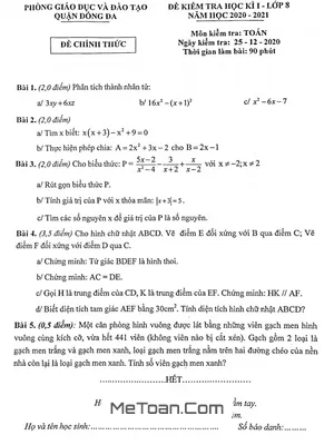 Đề thi học kì 1 Toán 8 năm 2020 - 2021 phòng GD&ĐT Đống Đa - Hà Nội