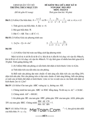 Đề thi giữa kì 2 Toán 8 năm 2022 - 2023 trường THCS Nhật Tân - Hà Nội