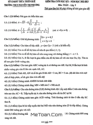 Đề thi học kì 1 Toán 9 năm 2022 - 2023 trường THCS Nguyễn Tri Phương - TT Huế