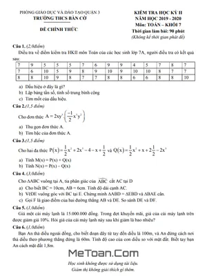 Đề kiểm tra học kỳ 2 Toán lớp 7 năm 2019 - 2020 trường THCS Bàn Cờ - TP HCM (có đáp án)