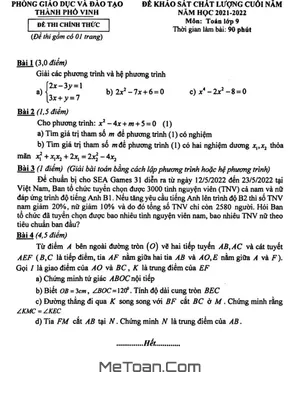 Đề KSCL Toán 9 cuối năm 2021 - 2022 phòng GD&ĐT thành phố Vinh - Nghệ An