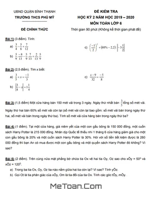Đề kiểm tra học kì 2 Toán lớp 6 năm 2019 - 2020 trường THCS Phú Mỹ - TP HCM