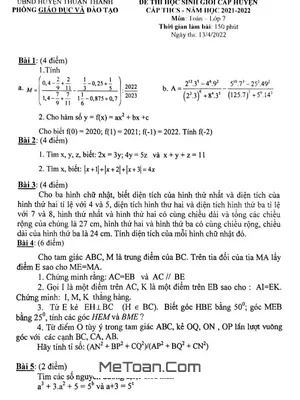 Đề thi HSG huyện Toán 7 năm 2021 - 2022 phòng GD&ĐT Thuận Thành, Bắc Ninh