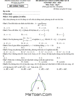 Đề thi học kỳ 2 Toán 9 năm 2023 - 2024 phòng GD&ĐT Vụ Bản - Nam Định