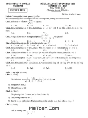 Đề thi học kỳ 2 Toán 9 năm học 2018 - 2019 sở GD&ĐT Nam Định