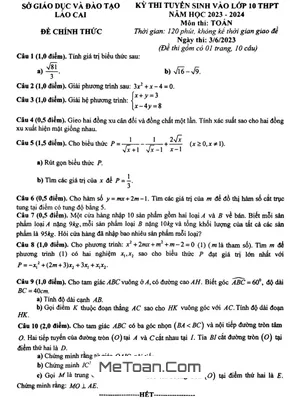 Đề thi tuyển sinh lớp 10 môn Toán năm 2023 - 2024 Sở GD&ĐT Lào Cai
