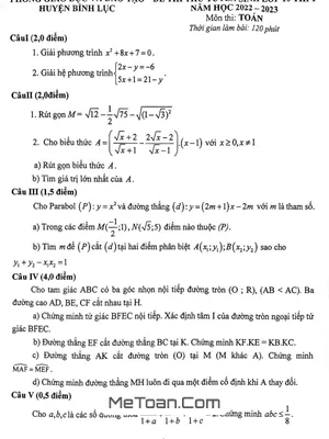 Đề thi thử Toán vào lớp 10 năm 2022 - 2023 phòng GD&ĐT Bình Lục - Hà Nam