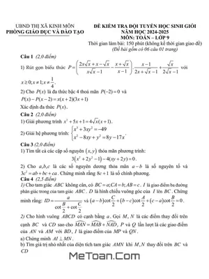 Đề thi HSG Toán 9 năm 2024 - 2025 phòng GD&ĐT Kinh Môn - Hải Dương