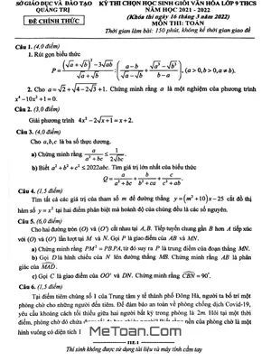 Đề thi chọn học sinh giỏi Toán 9 năm 2021 - 2022 Sở GD&ĐT Quảng Trị