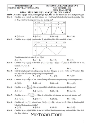 Đề cương ôn tập giữa kỳ 1 Toán 12 năm học 2024 - 2025 trường THPT Bắc Thăng Long - Hà Nội