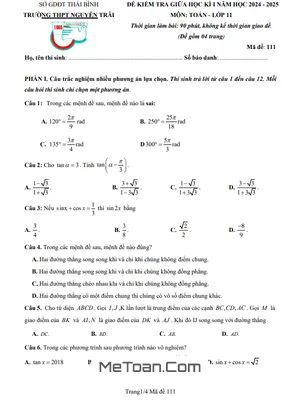Đề Thi Giữa Kì 1 Toán 11 Năm 2024 - 2025 Trường THPT Nguyễn Trãi - Thái Bình