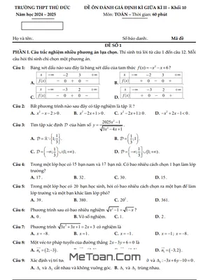 Đề Ôn Tập Giữa Kì 2 Toán 10 Năm 2024 - 2025 Trường THPT Thủ Đức - TP HCM