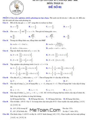 Trọn Bộ 8 Đề Thi Giữa Kỳ 1 Toán 11 Năm 2025 – 2026 (Kèm Lời Giải Chi Tiết)