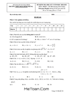 Đề thi HK1 Toán 10 năm 2020 - 2021 trường Phan Đình Phùng - Quảng Bình