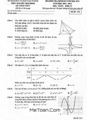 Đề thi học kì 1 Toán 12 năm 2023 - 2024 trường THPT Nguyễn Thái Bình - TP.HCM
