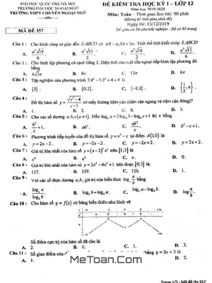 Đề thi HK1 Toán 12 năm 2019 - 2020 trường chuyên Ngoại Ngữ - Hà Nội