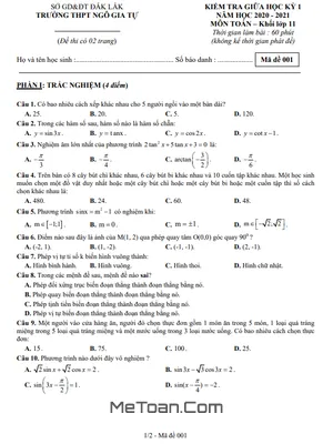 Đề thi giữa kì 1 Toán 11 năm 2020 - 2021 trường THPT Ngô Gia Tự - Đắk Lắk (có đáp án)