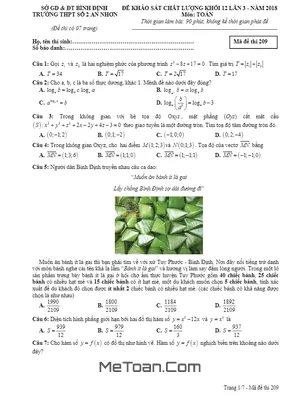 Đề KSCL Toán 12 năm 2018 trường THPT số 2 An Nhơn – Bình Định lần 3 mã đề 209