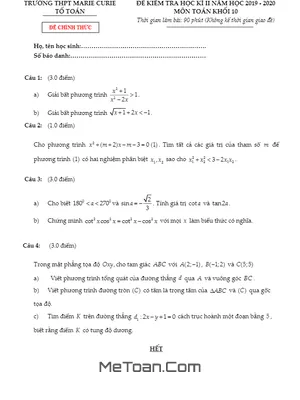 Đề thi học kì 2 Toán 10 năm 2019 - 2020 trường THPT Marie Curie - TP HCM