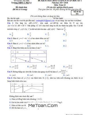 Đề kiểm tra chất lượng 8 tuần học kỳ I môn Toán 12 năm 2017 - 2018 trường THPT C Phủ Lý - Hà Nam