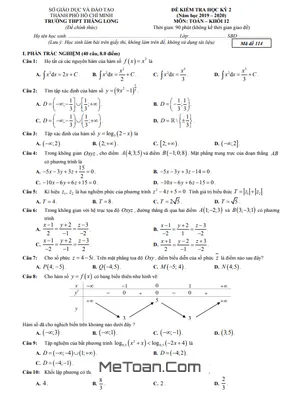 Đề thi học kì 2 môn Toán lớp 12 năm 2019 - 2020 trường THPT Thăng Long - TP.HCM