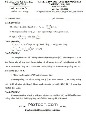 Đề chọn đội tuyển thi HSG QG môn Toán năm 2022 Sở GD&ĐT Sơn La
