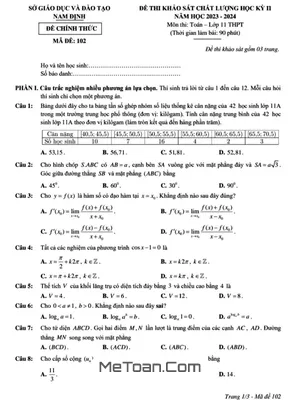 Đề thi học kỳ 2 môn Toán lớp 11 năm 2023 - 2024 Sở GD&ĐT Nam Định