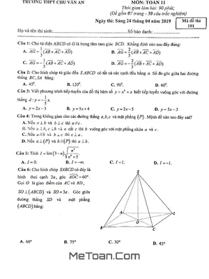 Đề thi học kỳ 2 Toán 11 năm 2018 - 2019 trường THPT Chu Văn An - Hà Nội