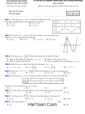 Đề thi thử TN THPT 2022 – 2023 môn Toán sở GD&ĐT Hà Tĩnh (online lần 1)