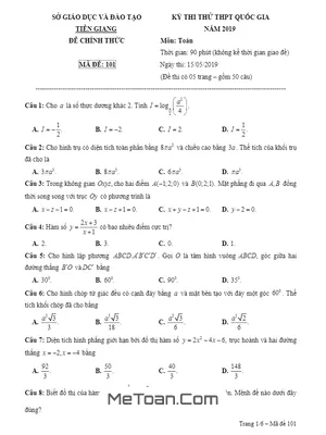 Đề thi thử THPT Quốc gia môn Toán 2019 sở GD&ĐT Tiền Giang