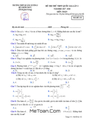 Đề thi thử Toán 2018 THPT Quốc gia lần 2 trường Quảng Xương 1 – Thanh Hóa