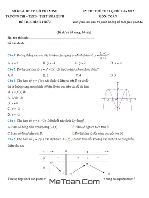 Đề thi thử THPT Quốc gia 2017 môn Toán trường Hòa Bình - TP.HCM - Có đáp án
