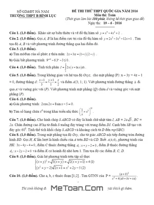 Đề thi thử THPT Quốc gia 2016 môn Toán trường B Bình Lục - Hà Nam (Có đáp án)