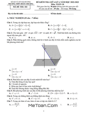 Đề Thi Giữa Kỳ 1 Toán 10 Năm 2022 - 2023 Trường THPT Đoàn Thượng - Hải Dương