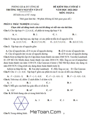 Đề thi học kì 1 Toán 6 năm 2022 - 2023 trường THCS Nguyễn Văn Cừ - Quảng Ninh